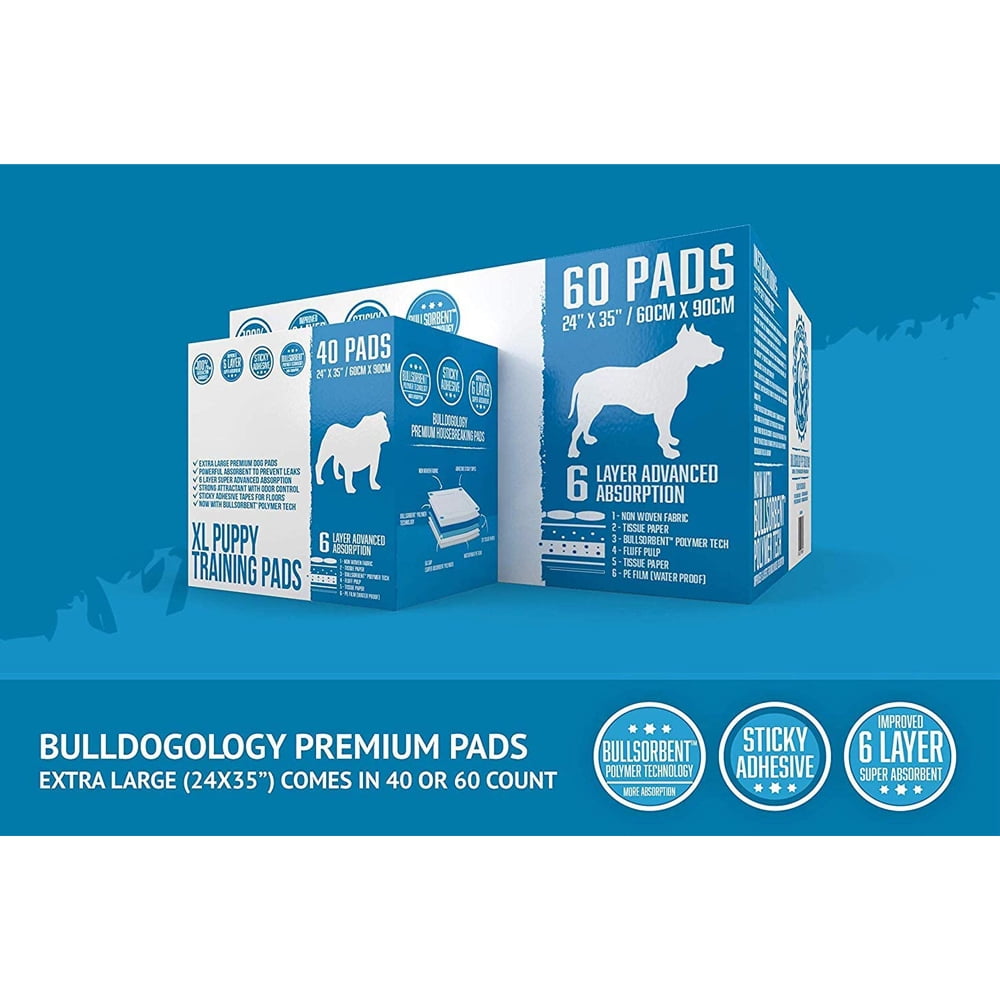 Bulldogology XL Puppy Pee Pads with Adhesive Tape, 24x35 Inches, 6 Layers, Quick-Dry Polymer, 40-Count