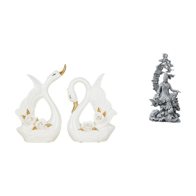 Elegante juego de figuras de cerámica de cisne y Guan Yin para decoración Feng Shui de estanterías, armarios, oficinas, dormitorios, salas de estar y