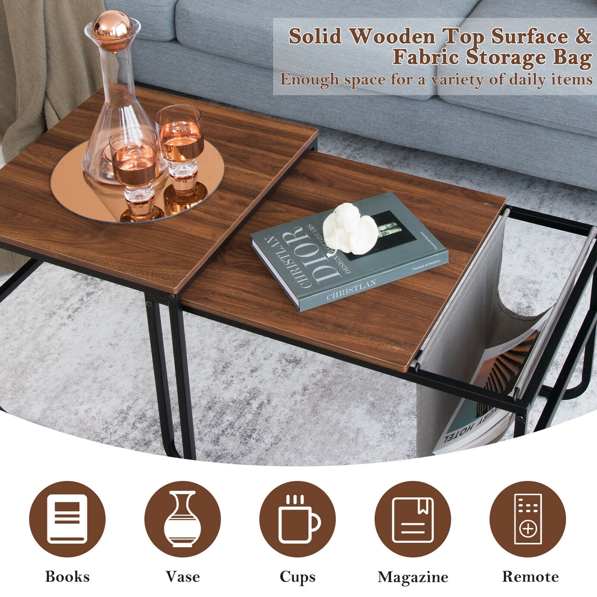 Gymax Set of 2 Nesting Coffee Table Industrial Stackable Side Table w/ Magazine Holder