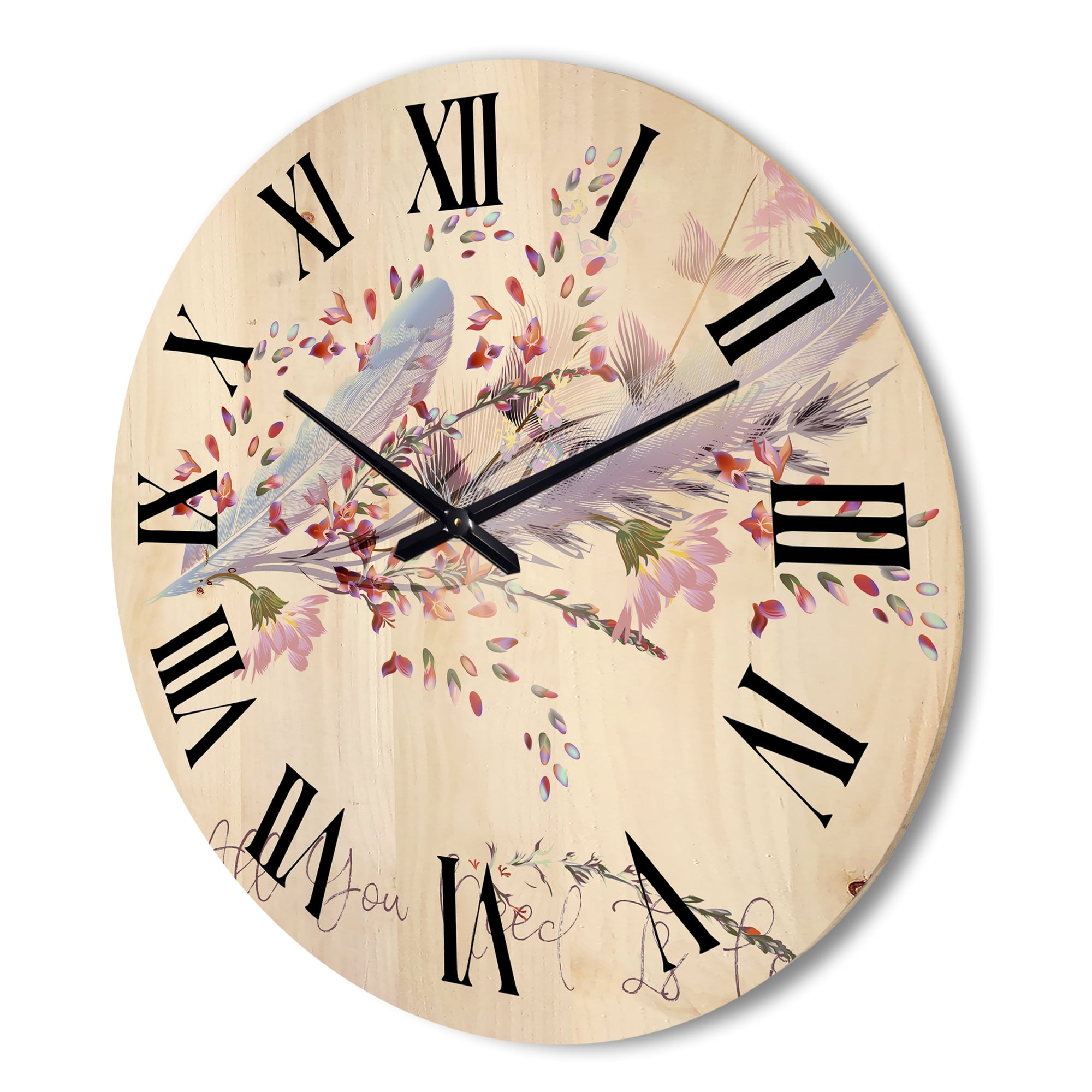 Designart 'Pink Feathers and Flowers All You Need Is Love' Bohemian & Eclectic Wood Wall Clock