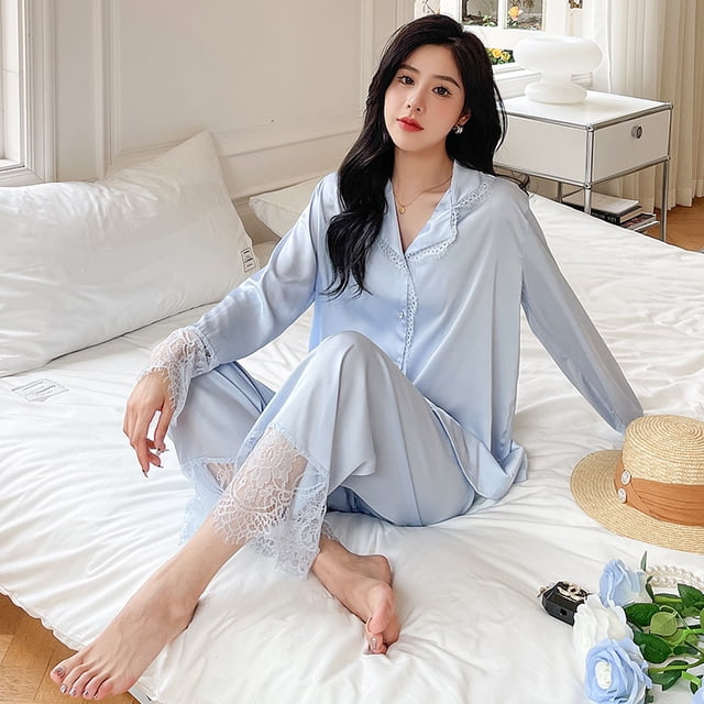 Pyjamas en Soie Glacée pour Femmes, Ensemble Décontracté à Manches Longues, Vêtements de Maison à la Mode