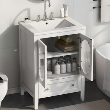 UBesGoo 24" Bathroom Vanity Bathroom Vanity Cabinet with Sink One Drawer Door Adjustable Shelf White