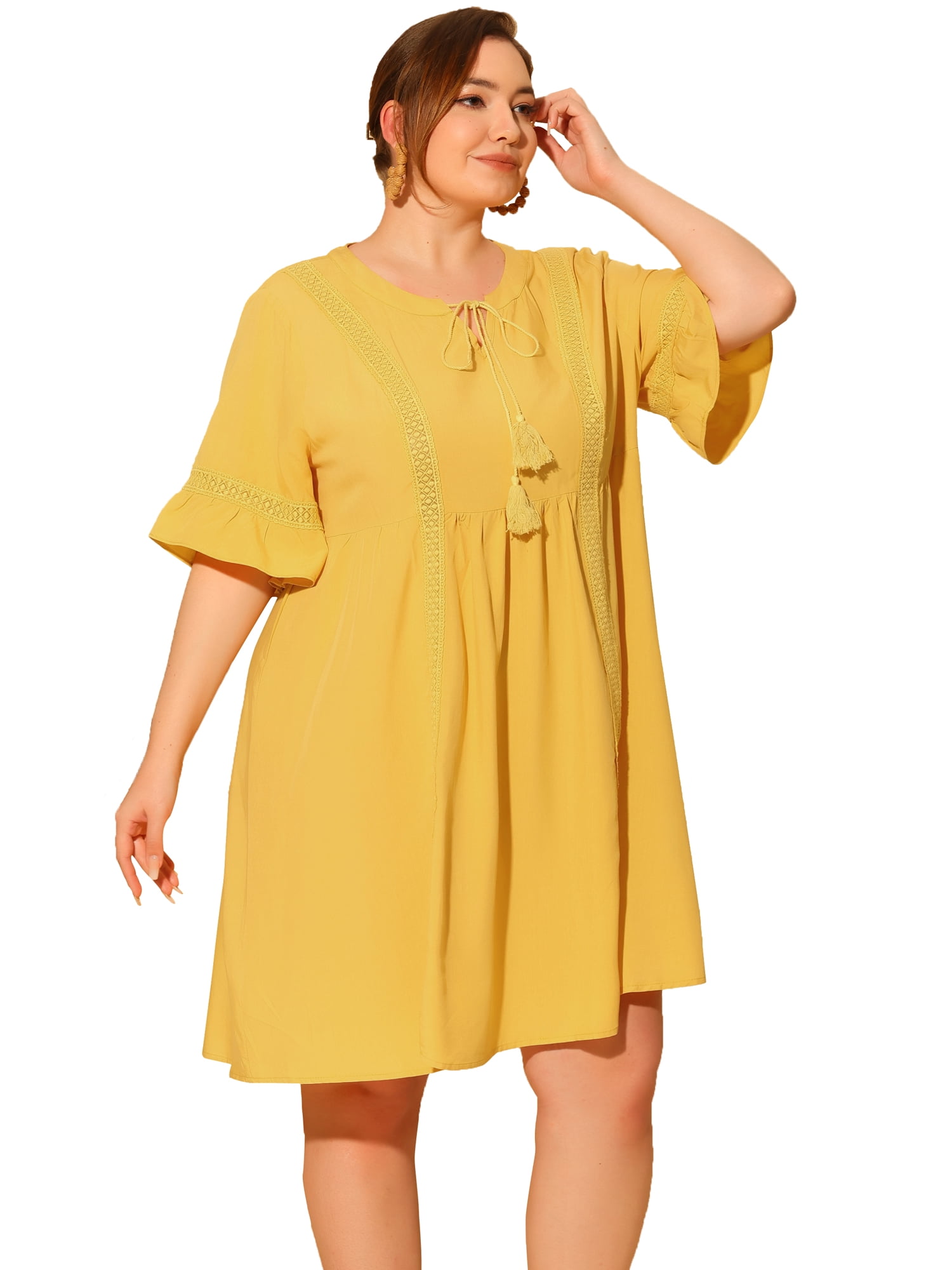 DARING DIVA Plus Size Ruffle Short Sleeve Lace V Neck Midi Dress 1X Yellow
