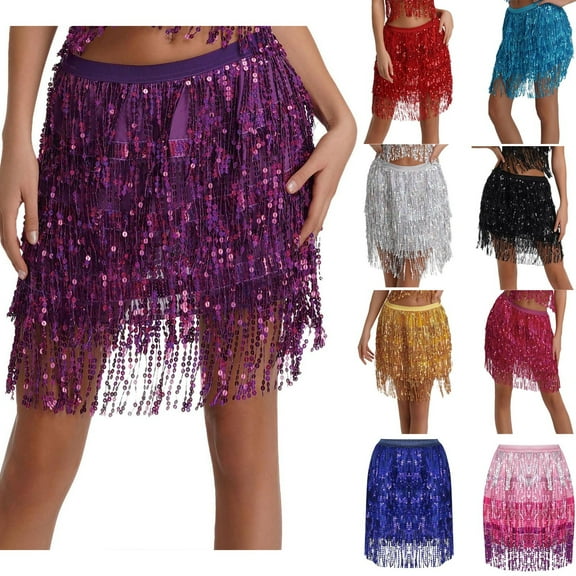 Elainilye Fashion Sparkly Skirts Sexy Hip Sequined Tassel Waist Scarf Adult Belly Dance Dress Waist Chain Skirt,Black