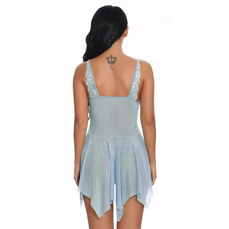 Pavied Nightgowns for Women Babydoll Dress Womens Pajamas Lingerie For Women Front Closure Babydoll Lace V Neck Mesh Sleepwear Lingerie Mini Dress Womens Sleepwear Sky Blue M