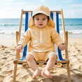 thumbnail image 2 of Rggeeun Child Boys Swimsuit Set 3Pc Cute Striped Pattern Long Sleeve Crew Neck Front Zipper Top & Elastic Waist Swim Trunks with Hat for Summer Beach Surf Casual Beachwear,Orange,12-18 Months, 2 of 8