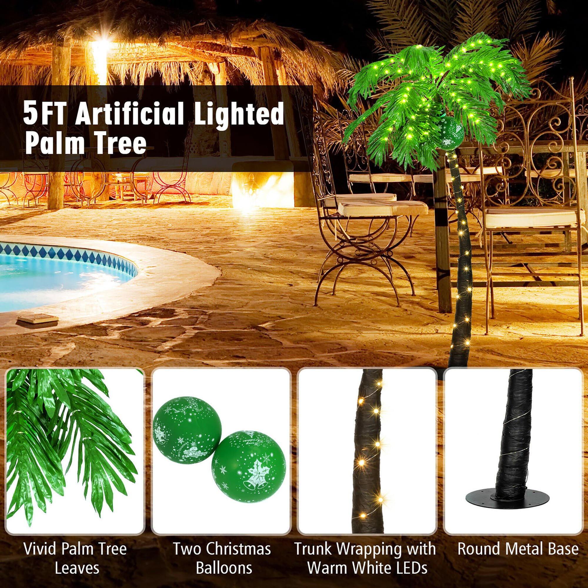 5 Ft Pre-lit Artificial Palm Tree Curve Trunk w/ Lights Home Pool Garden Decor 