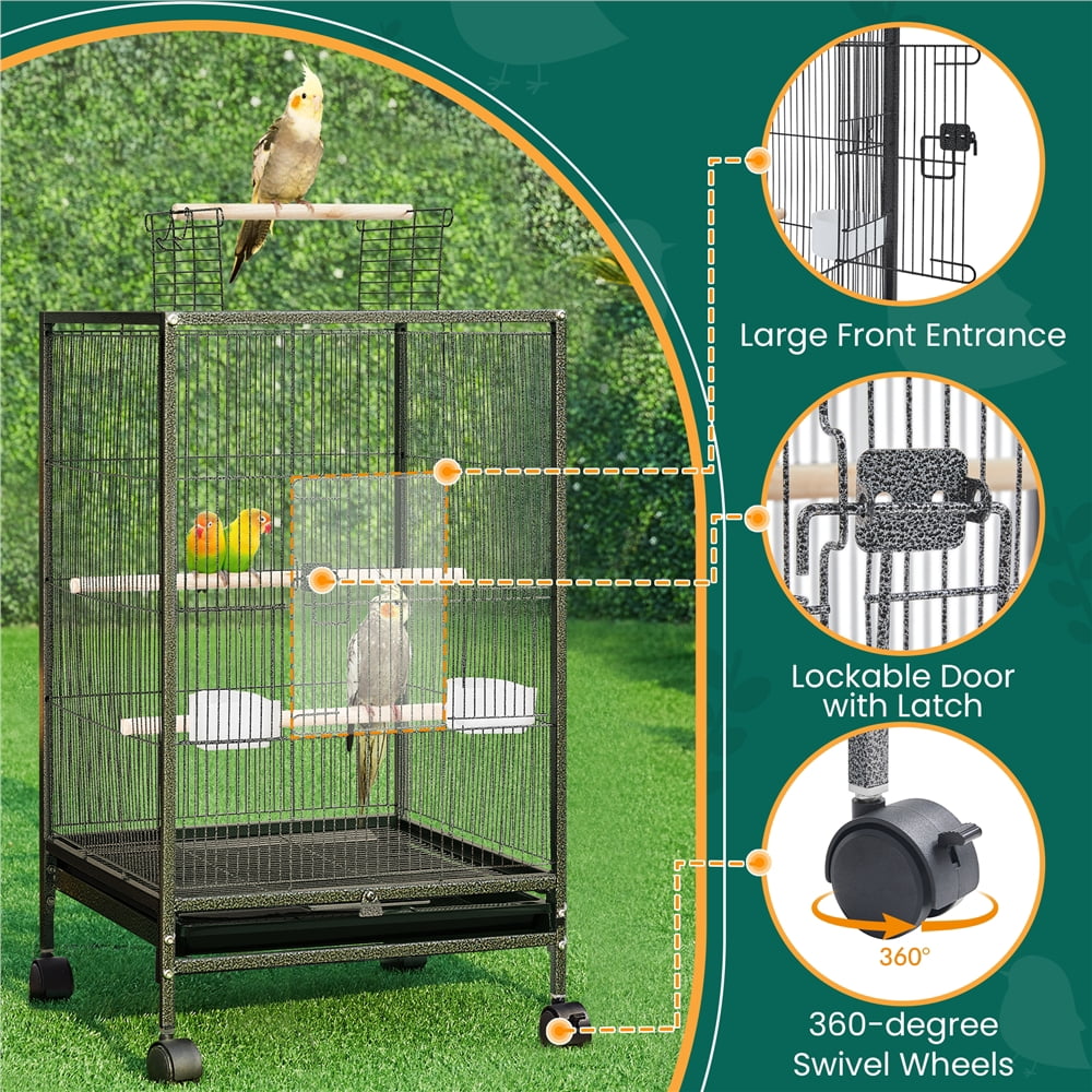 Yaheetech 31″ H Rolling Metal Birdcage with Open-top for Small-sized Birds, Black