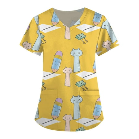 

TKing Fashion Women Plus Size Scrubs Top V-Neck Short Sleeve Floral Pockets Work Blouse for Women Yellow 5XL
