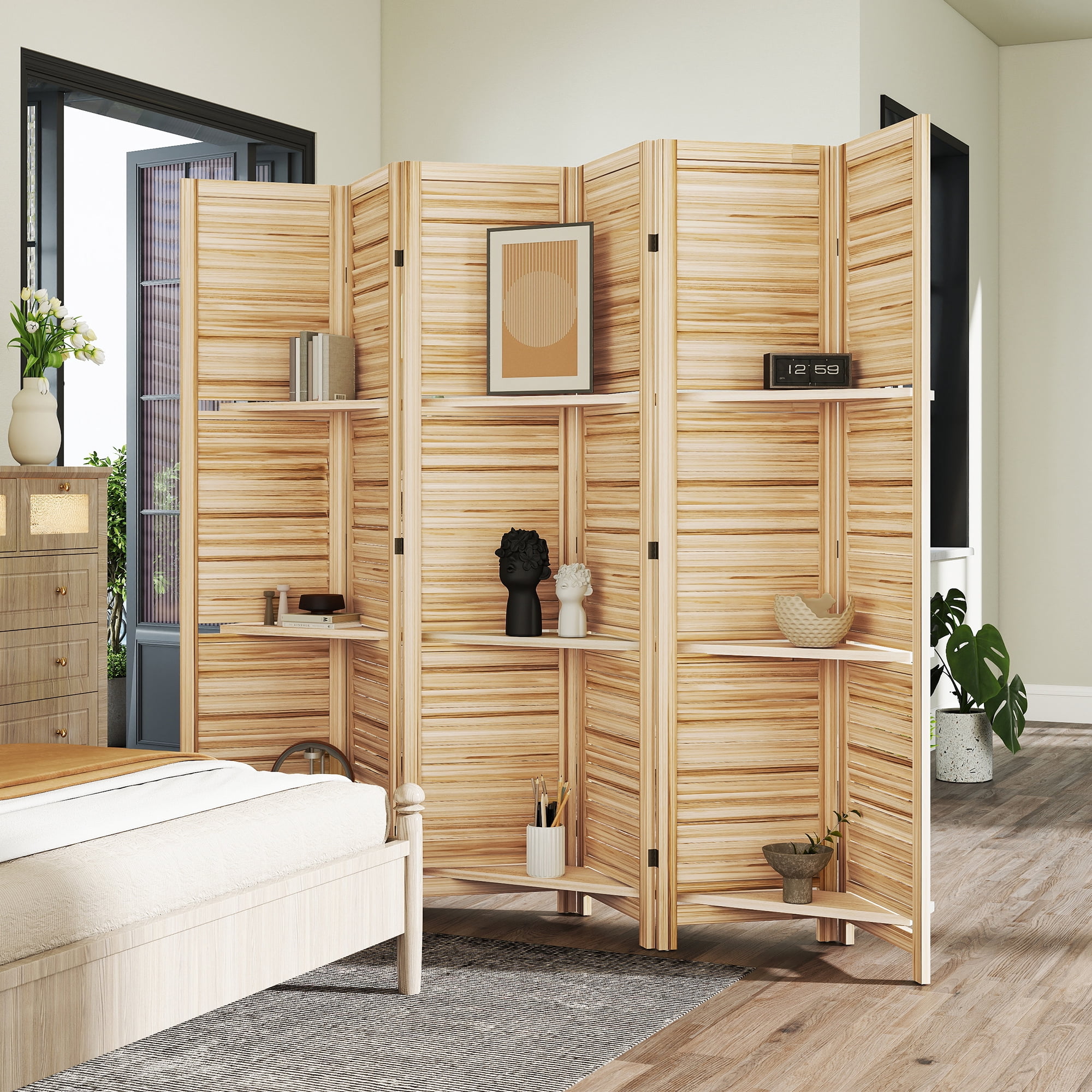 HOMCOM 6 Panel 67" Tall Wood Privacy Screen Room Divider with 3 Display Shelves, and Folding Storage for Bedroom or Home Office, Natural Wood