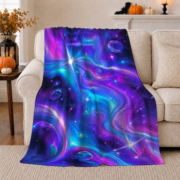 Purple Teal Galaxy Swirls with Stars, Dreamy Celestial Style for Space Lovers, Cosmic Nebula Pattern and Housewarming Gift, Cozy Flannel Blanket for Bedroom and Dorm, Home Decor