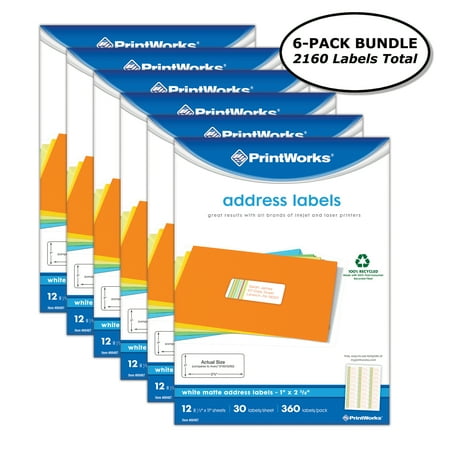 Printworks White Address Labels, 100% Recycled, Label Size 1” x 2-5/8”, 30 Labels per Sheet, (6 ...