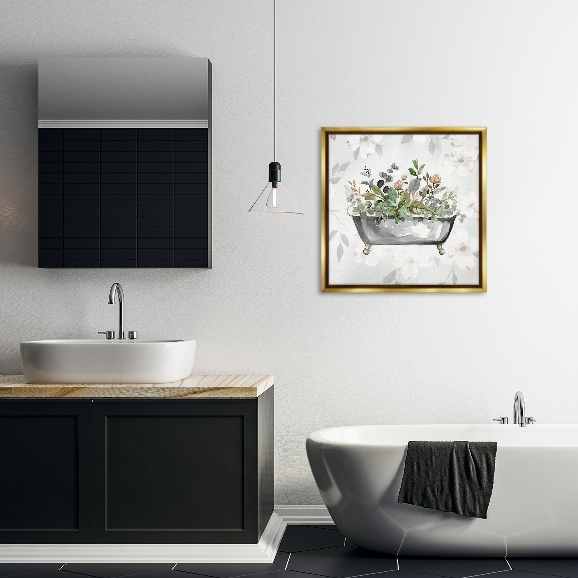 Stupell Industries Leaf Patterned Bath Typography Painting Gold Floater Framed Canvas Art Print Wall Art, 25 x 25