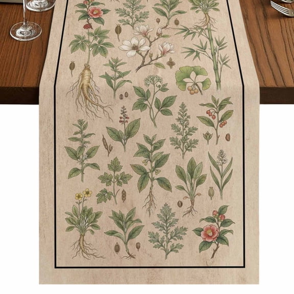 Table Runners 72 Inches Long Dress Scarves, Vintage Botanical Farmhouse Kitchen/Dining Table Runner, Coffee Tablerunners, Country Herbs Leaves Plants Flowers Brown 16x72 Inch