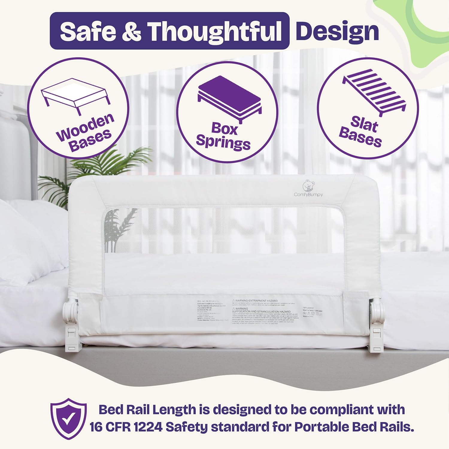 ComfyBumpy Toddler Bed Rail Guard, 35.5" x 19.5" Regular Swing Down Rail for Kids Beds, White, 1 pack