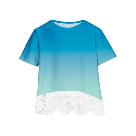 

Lndajk Girls Casual Dressy Lace Hem Tunic Tops Short Sleeve Loose Soft Blouse Gradient T-Shirt Sky Blue 8-9 Years