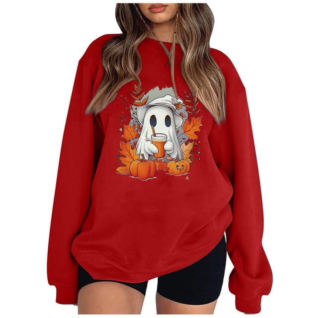 Pisexur Chandail d'Halloween pour Femmes à Manches Longues en Molleton, Chandail d'Automne Orange à Col Rond, Chandails à la Mode avec Graphique de Citrouille, Chandails à Capuchon d'Halloween, Hauts à Enfiler