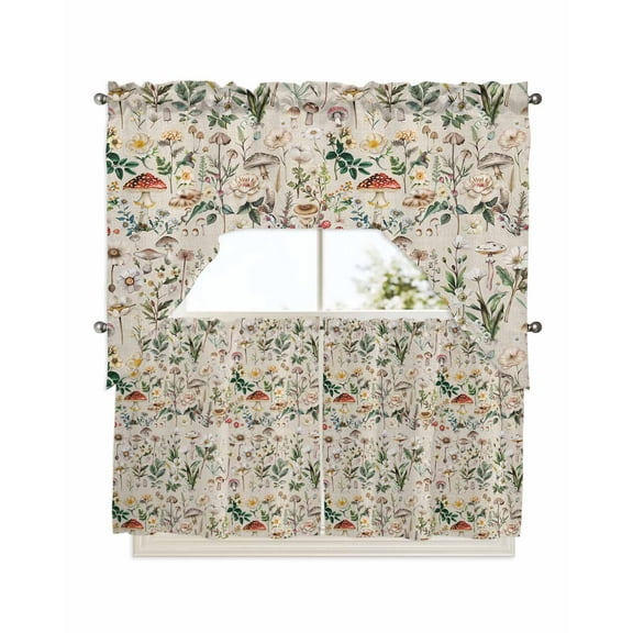 Pastoral Botanical Swag Valance and Tier Curtains 24'' Length Set, Vintage Mushroom Spring Summer Flowers Light Filtering Kitchen Curtains, Tier Curtain Valances for Bathroom/Living Room/Bedroom/Café
