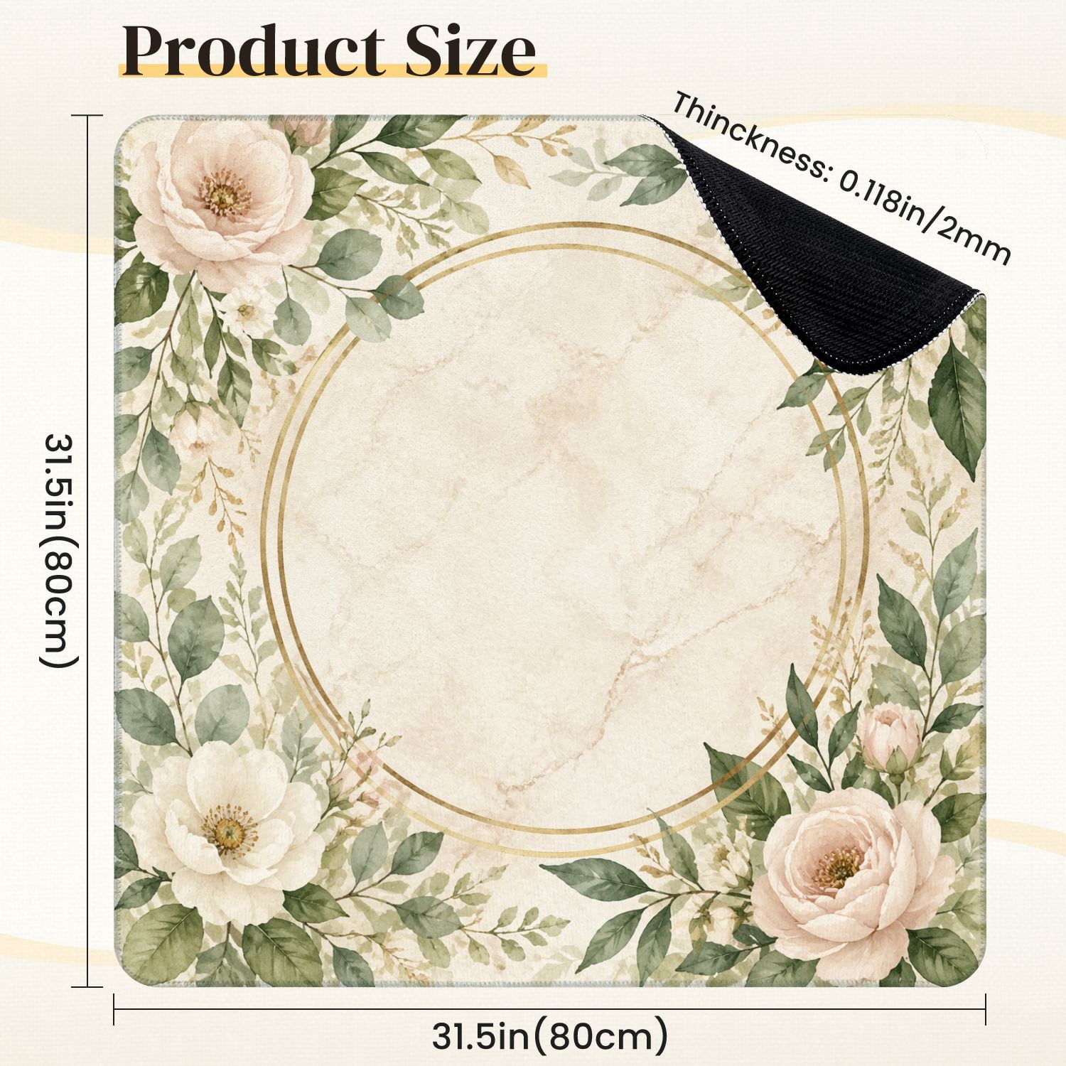Mahjong Mat 31.5" x 31.5" Green Beige Floral Wreath Gold Circular Frame Botanical Non-Slip Noise Reduction Mahjong Tiles Table Cover for Dominoes Poker Card Board and Tile Games