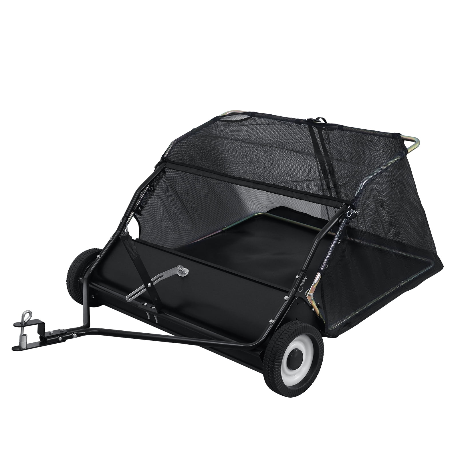 Wliqien 44-Inch Tow Behind Lawn Sweeper, Adjustable Sweeping Height Large Capacity Leaf Grass Collector, Heavy Duty Yard Sweeper with Dumping Rope Rubber Wheels