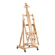 KFFKFF Studio H-Frame Easel for Artists, Supports One or Two Canvases up to 78.74 Inches, Adjustable Height and Angle, Foldable Design with Swivel Wheels, Crafted from Solid Beech Wood,Natural Finish