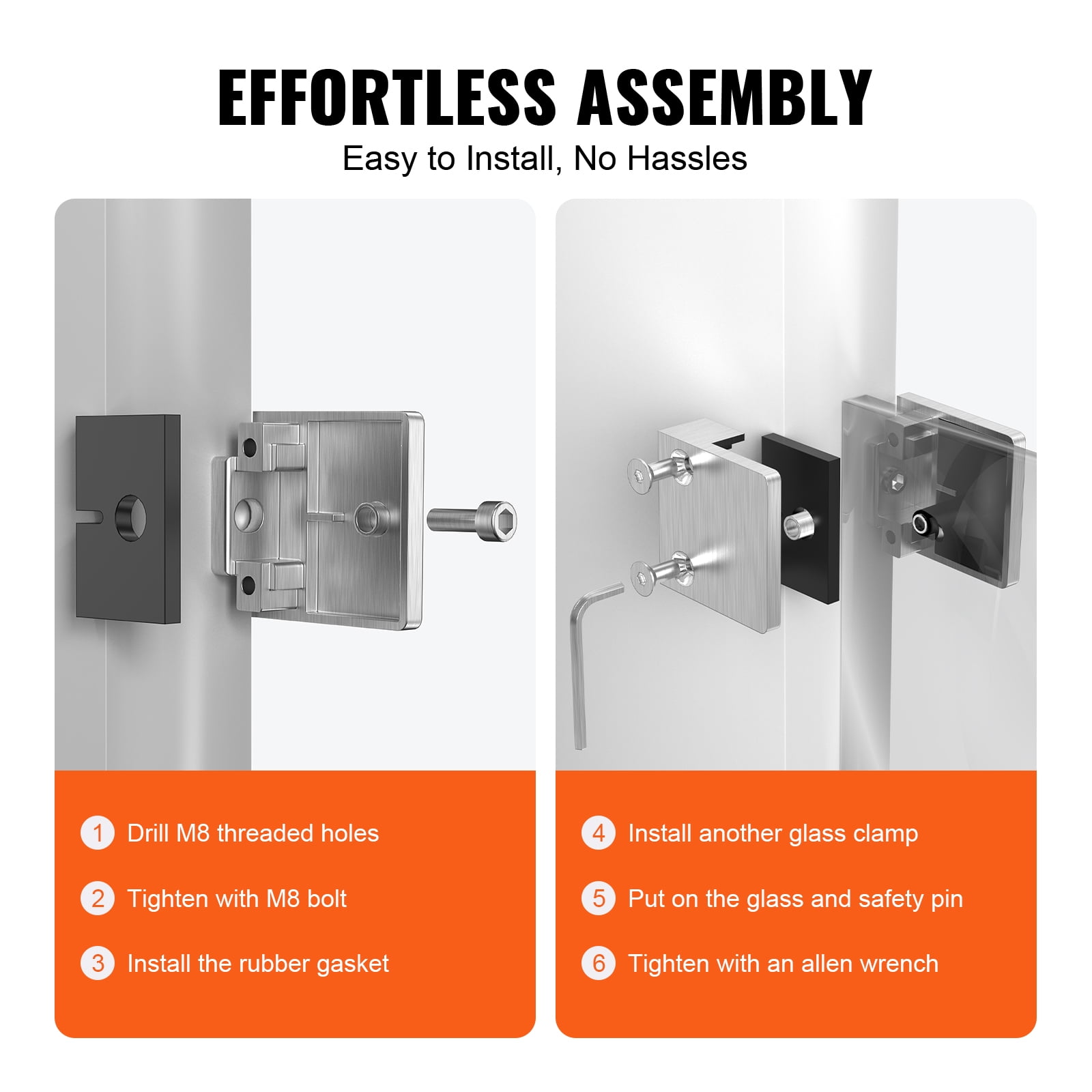 VEVOR Glass Clamp, 4 PCS Square Glass Railing Bracket for 0.31 "-0.47 " Tempered Glass, 304 Stainless Steel Glass Mounting Clamp, Glass Shelf Bracket for Balcony, Garden, Pool, Stair, Silver