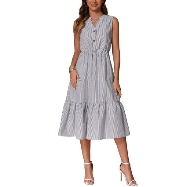 INSPIRE CHIC Vestido de Camisa Midi Sin Mangas con Botones y Pliegues de Rayas para Mujeres Verano Talla XS Negro