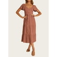 thumbnail image 5 of FreshPretty Women Spring Summer Casual Linen Short Sleeve Midi Dress Button V Neck Tiered Vacation Sundress with Pockets, 5 of 6