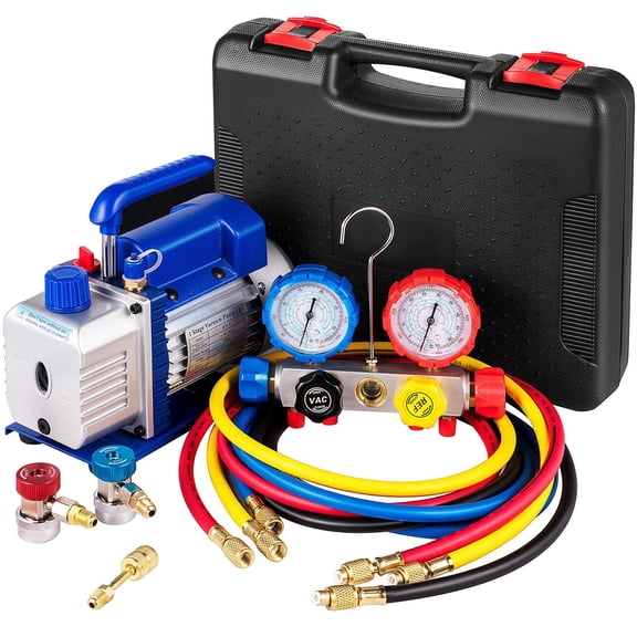 Suction Pump 4.8 CFM 1/4 HP Single Stage HVAC AC Cooling Systems 5 PA Ultimate Vacuum Manifold Gauge Kit R410A R134A R22 Includes 4 Way Gauge Hose