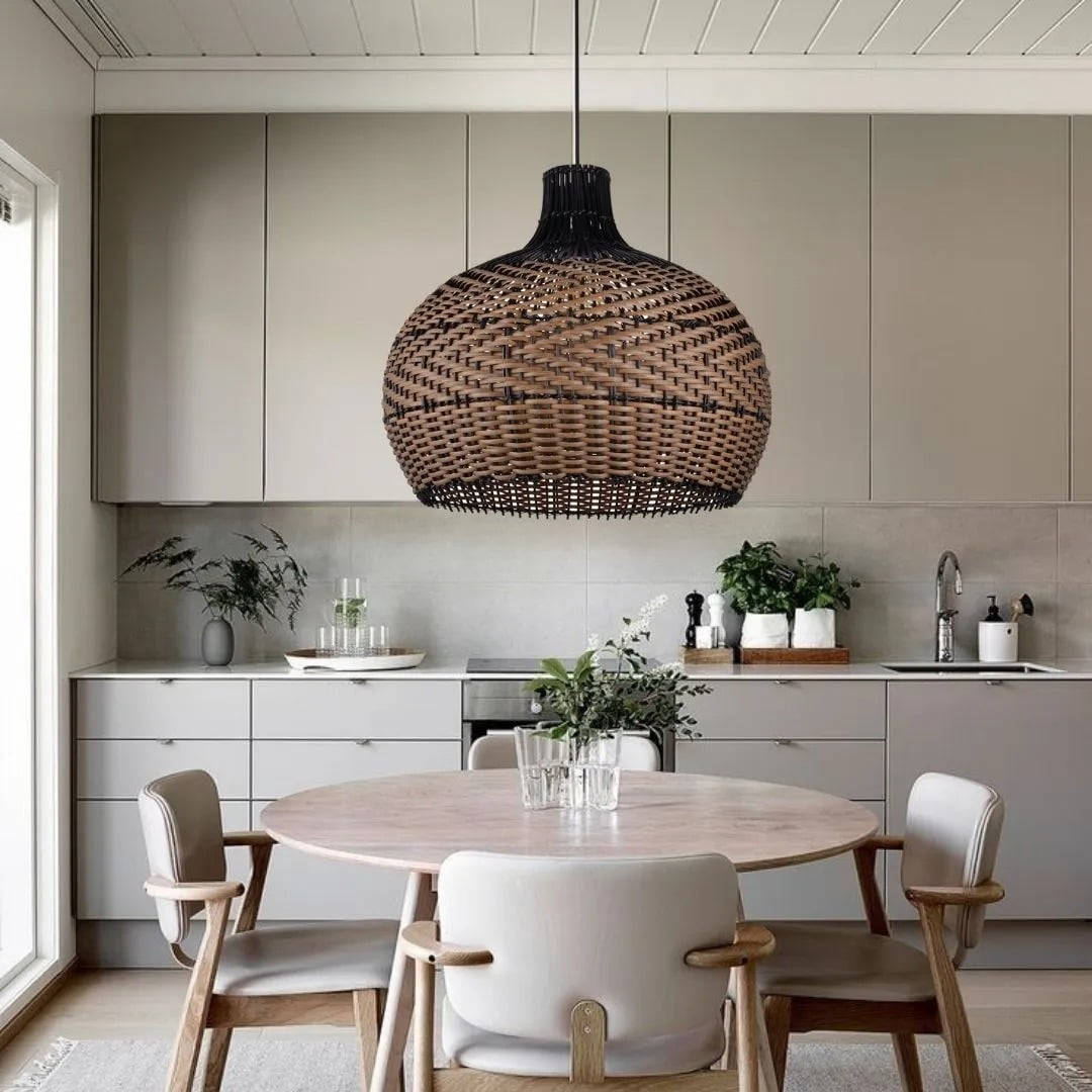 LittleGlovo Dining Room Black Brown Rattan Pendant Light Fixture Wabi-sabi Vintage Lamp