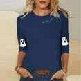 thumbnail image 2 of Women's Funny Halloween T-shirts 3/4 Sleeve Round Neck Ghost Graphic Printed Casual Tees Holiday Tops Plus Size (S, Navy), 2 of 4