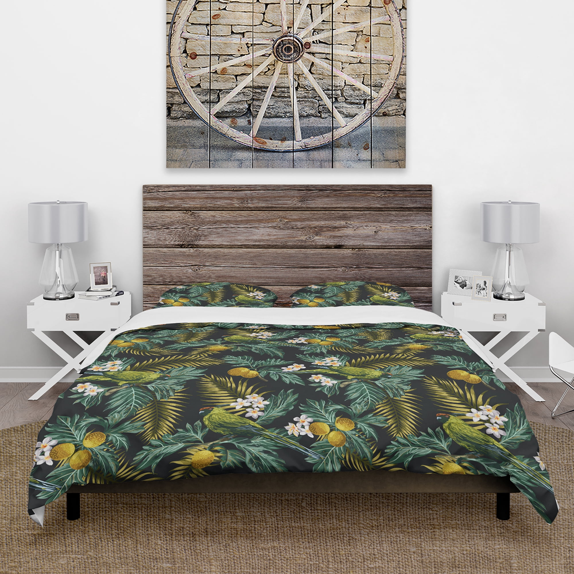 Designart 'Tropical Leaves with Lemons and Green Bird' Animals Duvet Cover Set