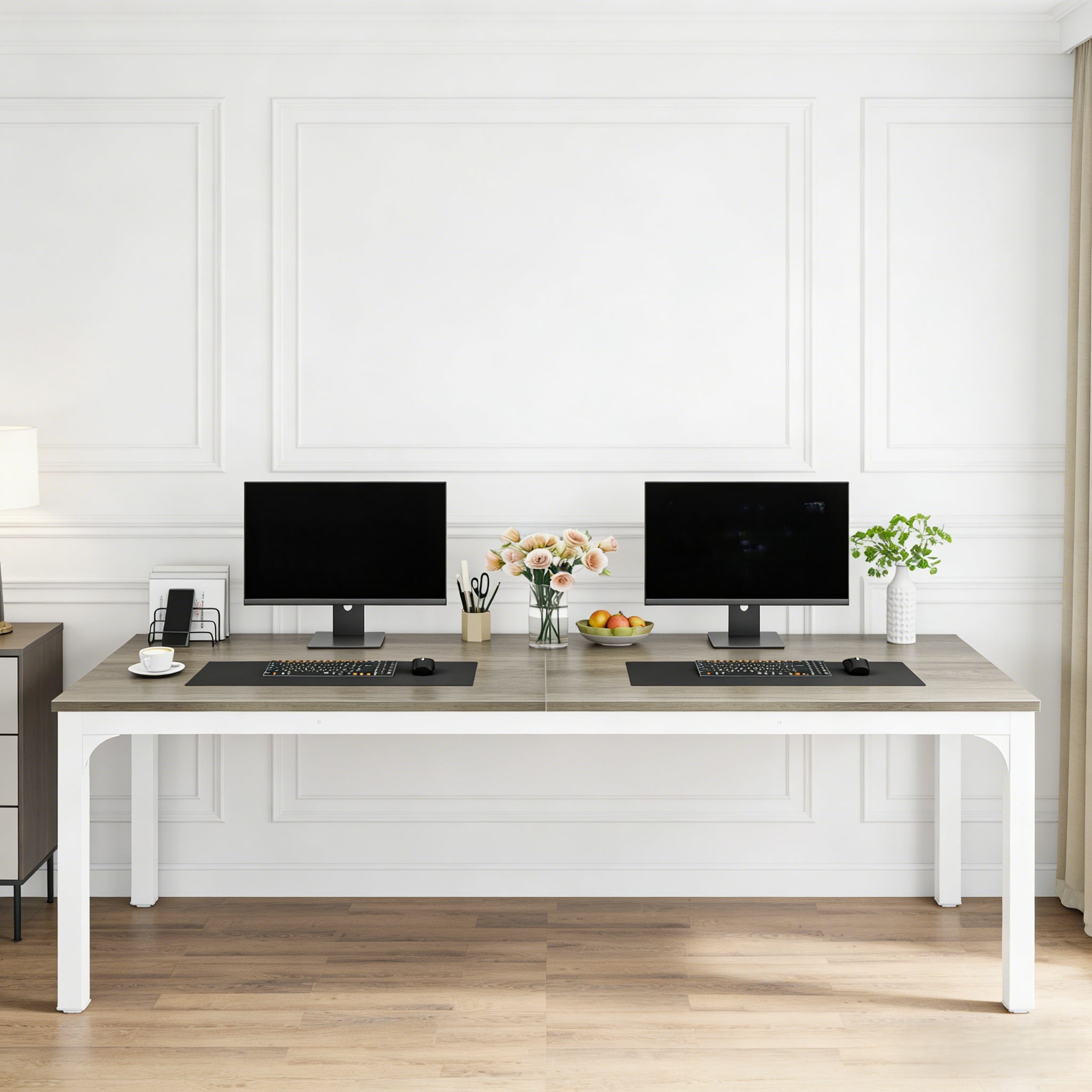 Fnova 78.7" Modern Computer Desk with Wood Desktop, Metal Frame Office Desk, Gray White