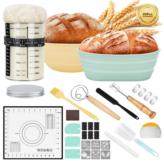 Sourdough Starter Kit, Sourdough Bread Baking Supplies with 9'' Round Banneton Bread Proofing Basket, 34oz Sourdough Starter Jar, Bread Lame, Dough Scraper, Dough Whisk & Silicone Baking Mats