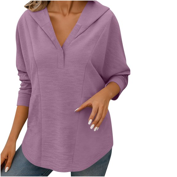 Felirenzacia Women's Long Sleeve Solid Color Hoodie, V Neck Pullover Top， Slim Fit Fall Sweatshirt, S-3XL