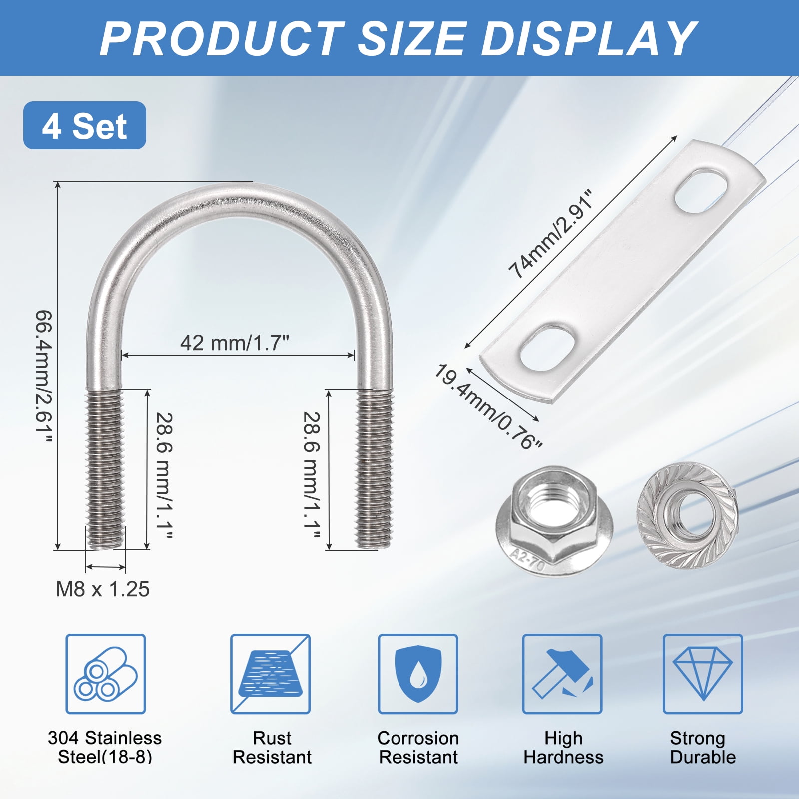 Uxcell 4 Set 1-5/8" Inner Wide Round U Bolts,  2-11/16" Length 304 Stainless Steel U-Bolts with Flange Hexagon Nuts, Frame Plates for Trailer, Automotive, (42mm W x 68.3mm L)