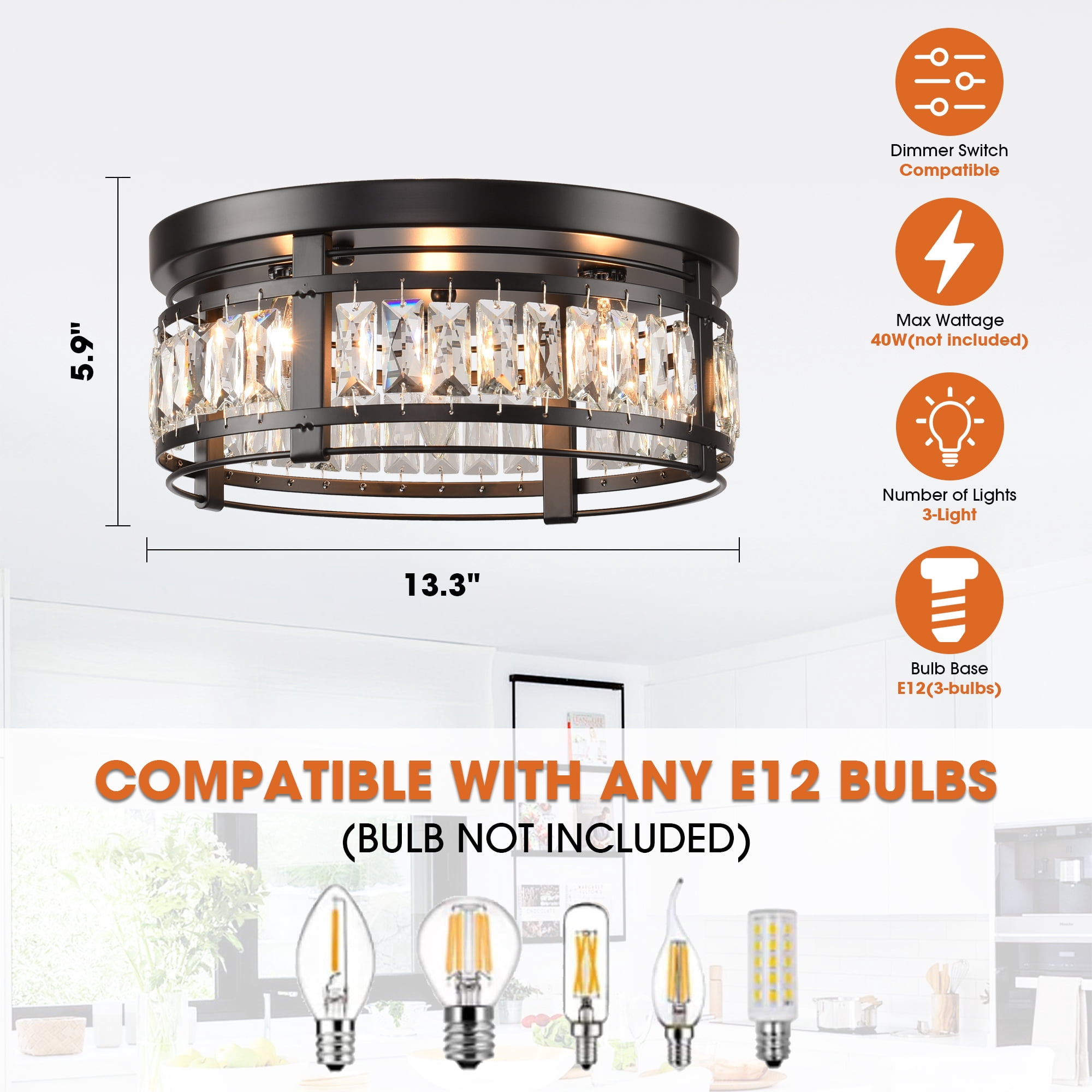 Parrot Uncle 13" Modern Industrial Flush Mount Ceiling Light Fixtures Black Hallway Light Fixture Ceiling Lamp for Kitchen, Dining Room, Foyer