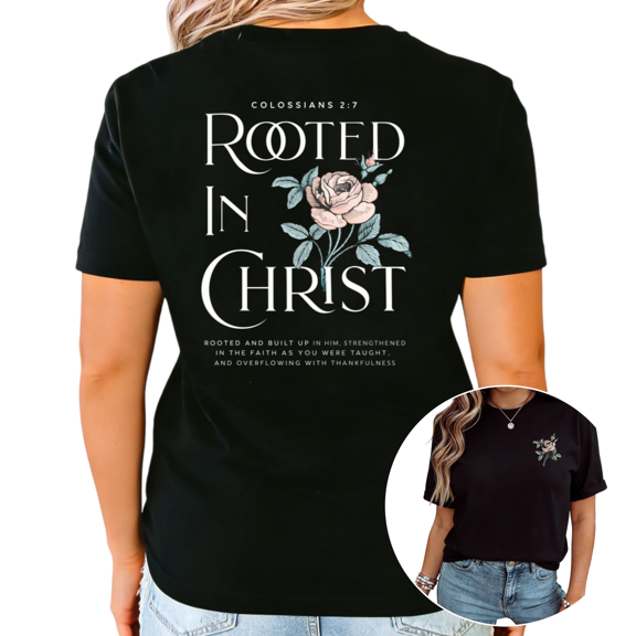 UNISHE Women's Rooted In Christ Floral Christian Casual Crew Neck Short Sleeve T-Shirt Top