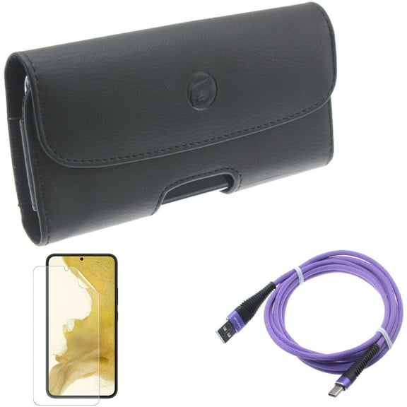 For Samsung Galaxy S21 (6.2") - Anti-Glare TPU Film Matte Screen Protector   Type-C Purple 10ft USB Cable   Holster Leather Case Belt Clip