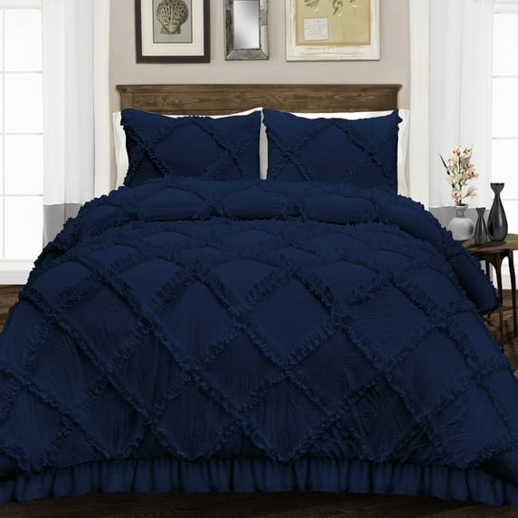 Duvet Cover 3 Piece Egyptian Cotton Cozy & Super Soft 600 TC Diamond Ruffle Duvet Covers with Zipper Closure & Corner Ties Soft Comforter Cover (King/Cal King, Navy Blue )