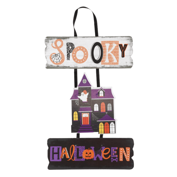 Halloween Wall Sign, Haunted House Wooden Hanging Decor for Home Front Door Living Room Farmhouse Porch Patio Indoor Outdoor Decoration Wood Hanger Holiday Party Decoration 10x14-in.