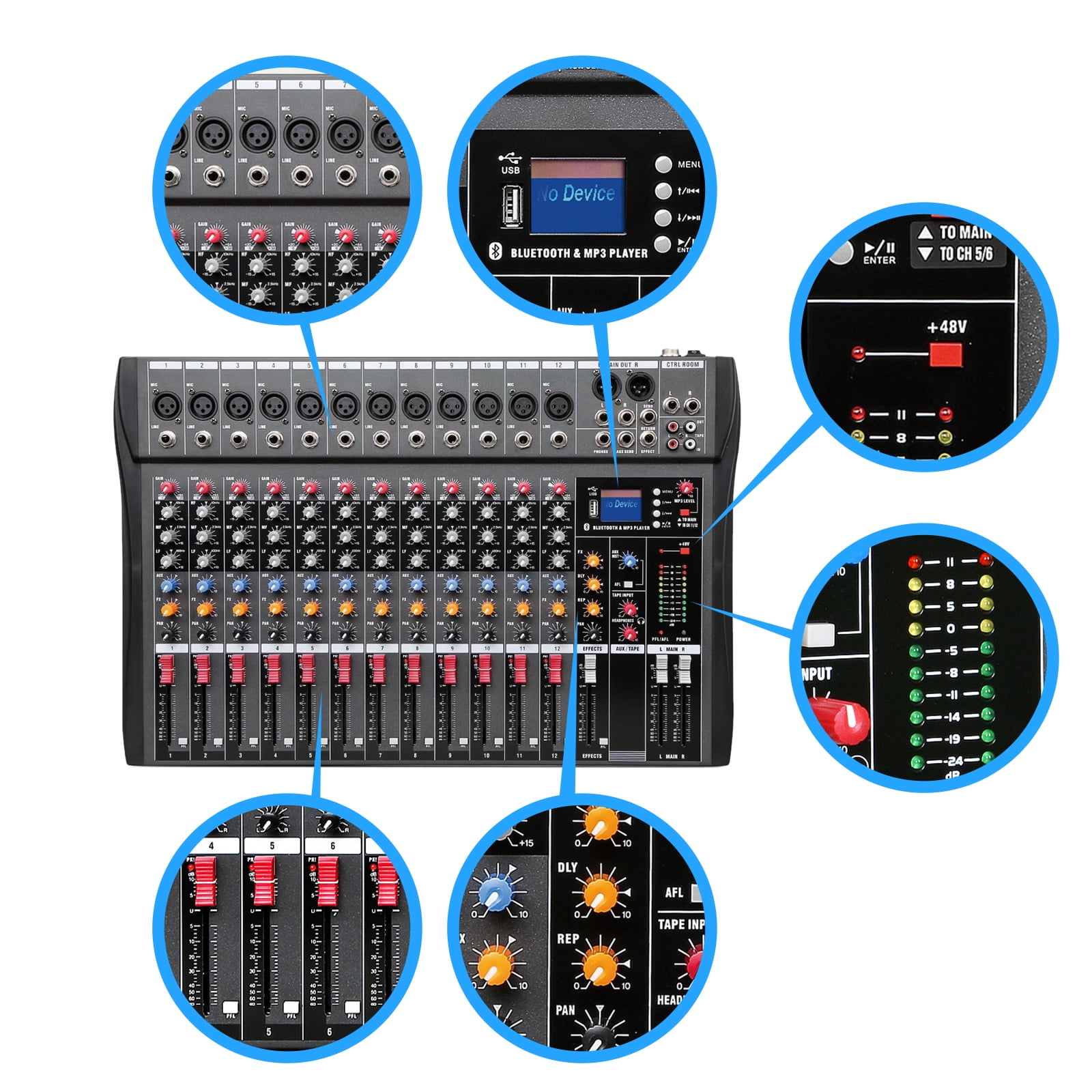 Koomaha 12 Channel Mixing Console Live Studio Audio Mixer USB Bluetooth 110V-220V