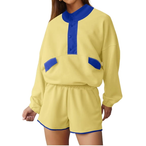Long Sleeve Women 2 Pieces Sweatsuit Half Button Sweatshirt and Shorts Sets Outfit