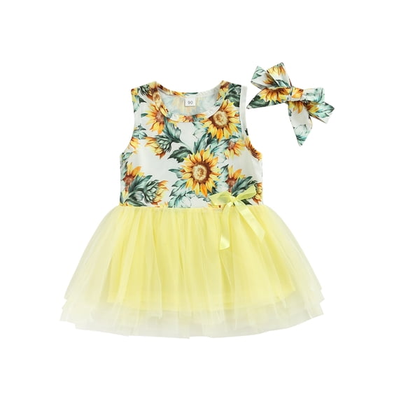 Toddler Infant Baby Girls Dress Flower Rainbow Sleeveless Tulle Dress Mesh Hem Bowknot Princess Dress Summer Clothes