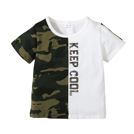 

KIMI BEAR Toddler Boys T-shirt KEEP COOL Letter Print Stitching Top One Piece 4-5 Years White＋Camouflage