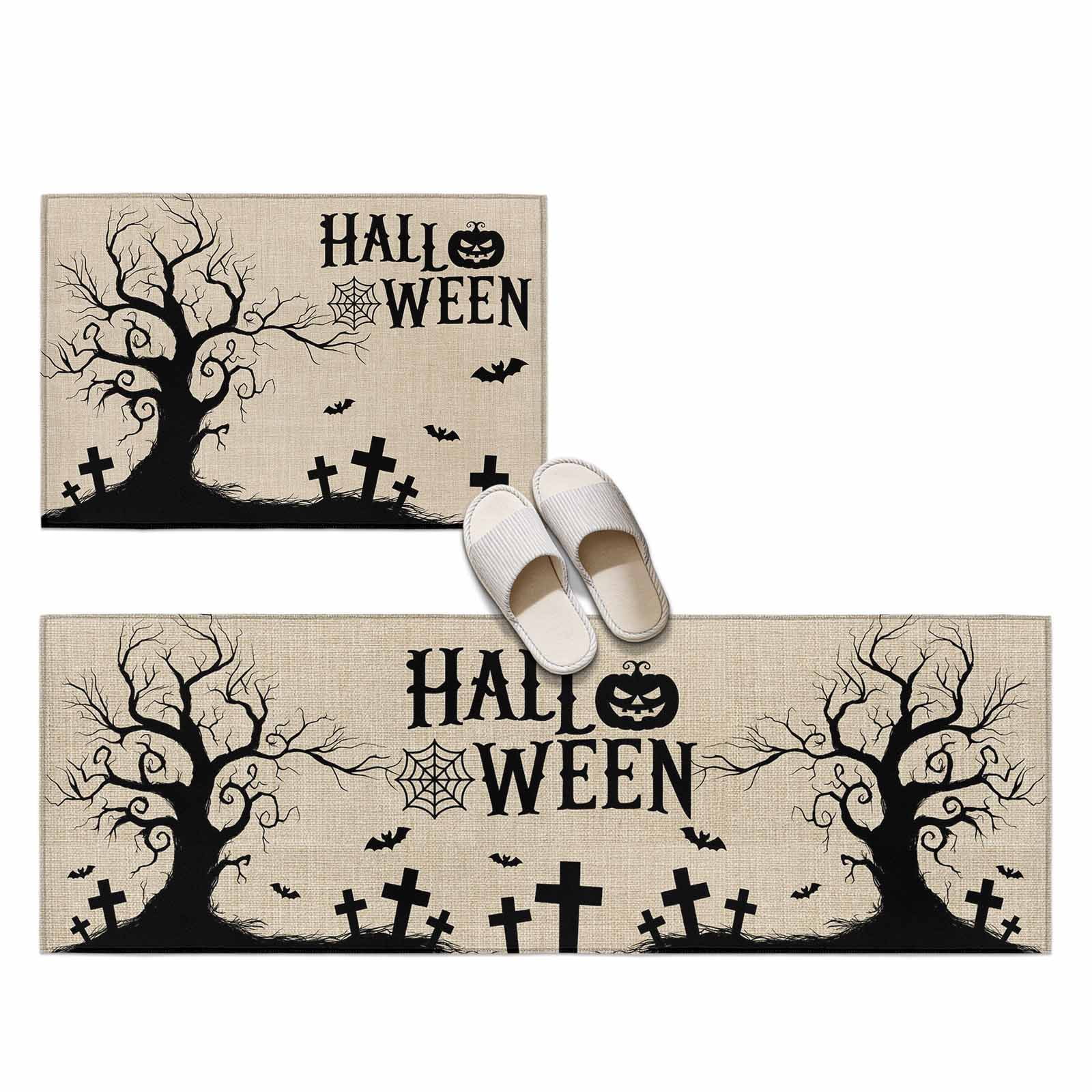 Hallo Halloween 2 Pieces Non-Slip Kitchen Mat Set, Spooky Gnarled Tree Bat Graveyard Hill Linen Texture Soft Door Mat with Rubber Backing, Dirtproof Rugs for Entrance Doorway, 23.6x35.4in+23.6x70.9in