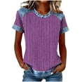 thumbnail image 2 of Xdegoge T Shirt for Women Crewneck Short Sleeve Casual Going Out Loose Fit Vertical Striped Patchwork Print Lightweight Breathable Summer Spring Tops Denim Look Splice Tees, 2 of 5