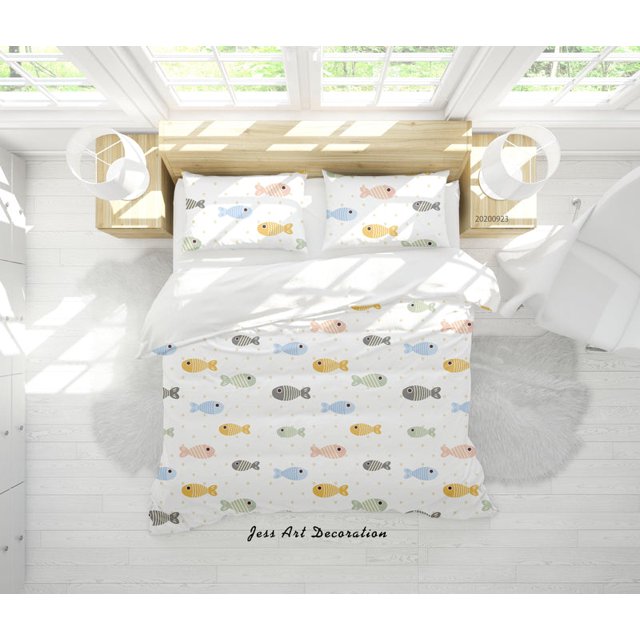 3D Cartoon Peces Patrón Funda de edredón Set Ropa de cama Set Funda de edredón Fundas de almohada