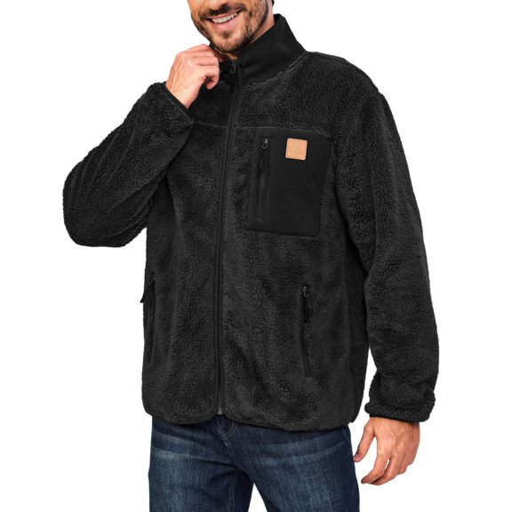 Little Donkey Andy Men's Fleece Lined Jacket Fuzzy Sherpa Full Zip Thermal Coat Lightweight Outwear for Fall Winter (Black S)
