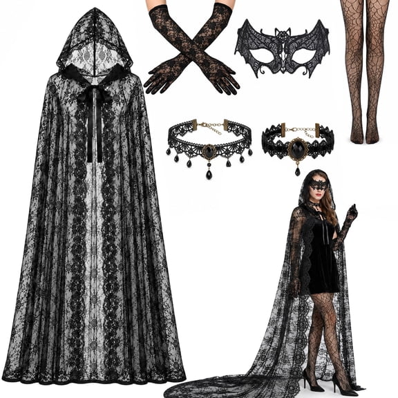 EBaokuup 6 Pcs Women’s Gothic Witch Hooded Cape Set, Black Lace Cloak for Halloween Cosplay Costume